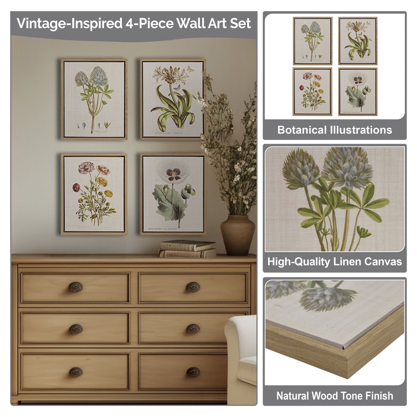 Herbal Botany - Framed Linen Canvas (Set of 4) - Green