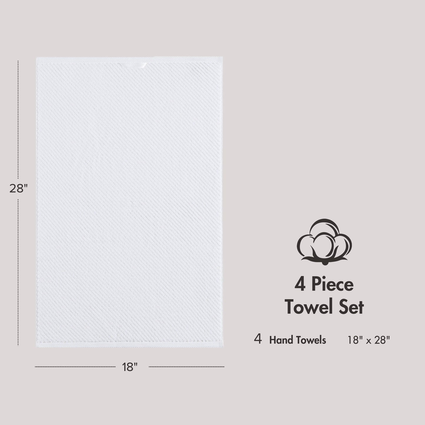 Diagonal Ribbed - 4 Piece Hand Towels Set - White