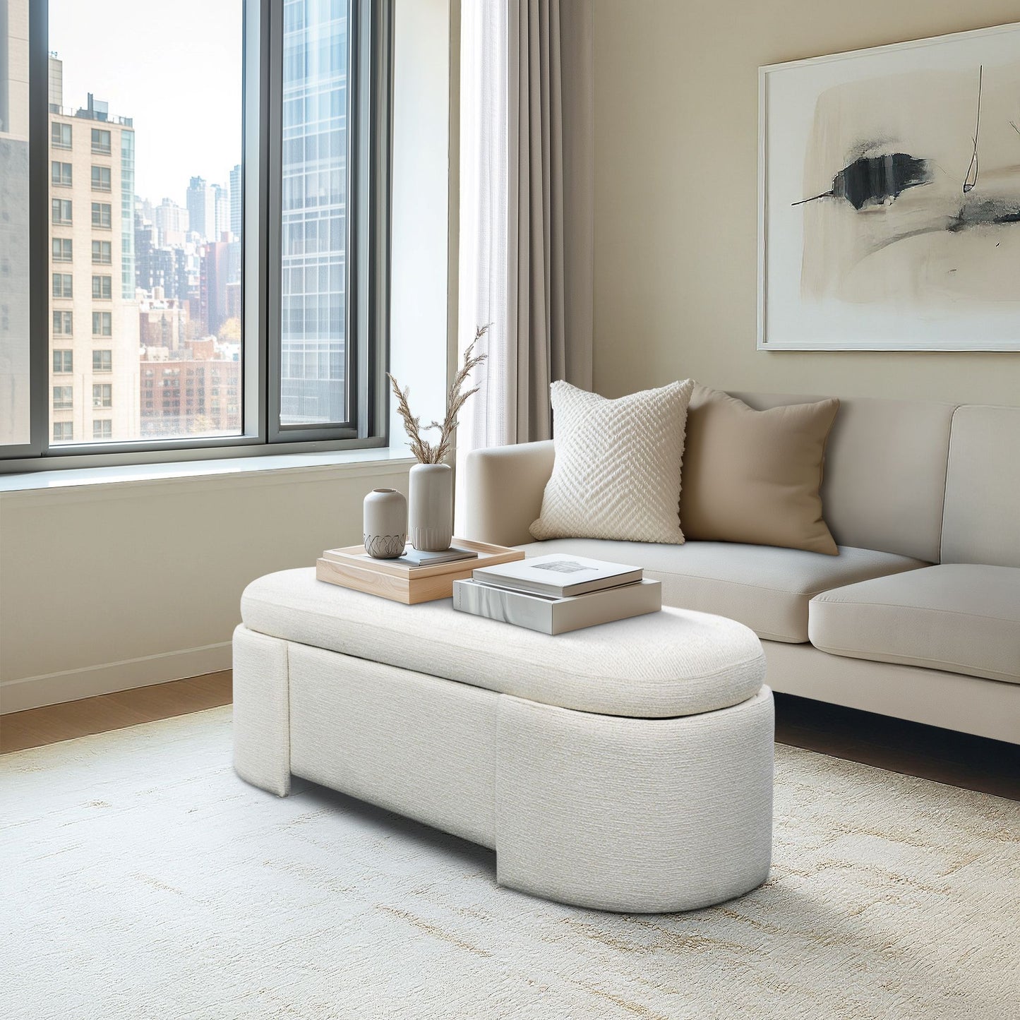 Leslie - Full y Upholstered Oval Storage Bench With Soft-Close Lid - Ivory