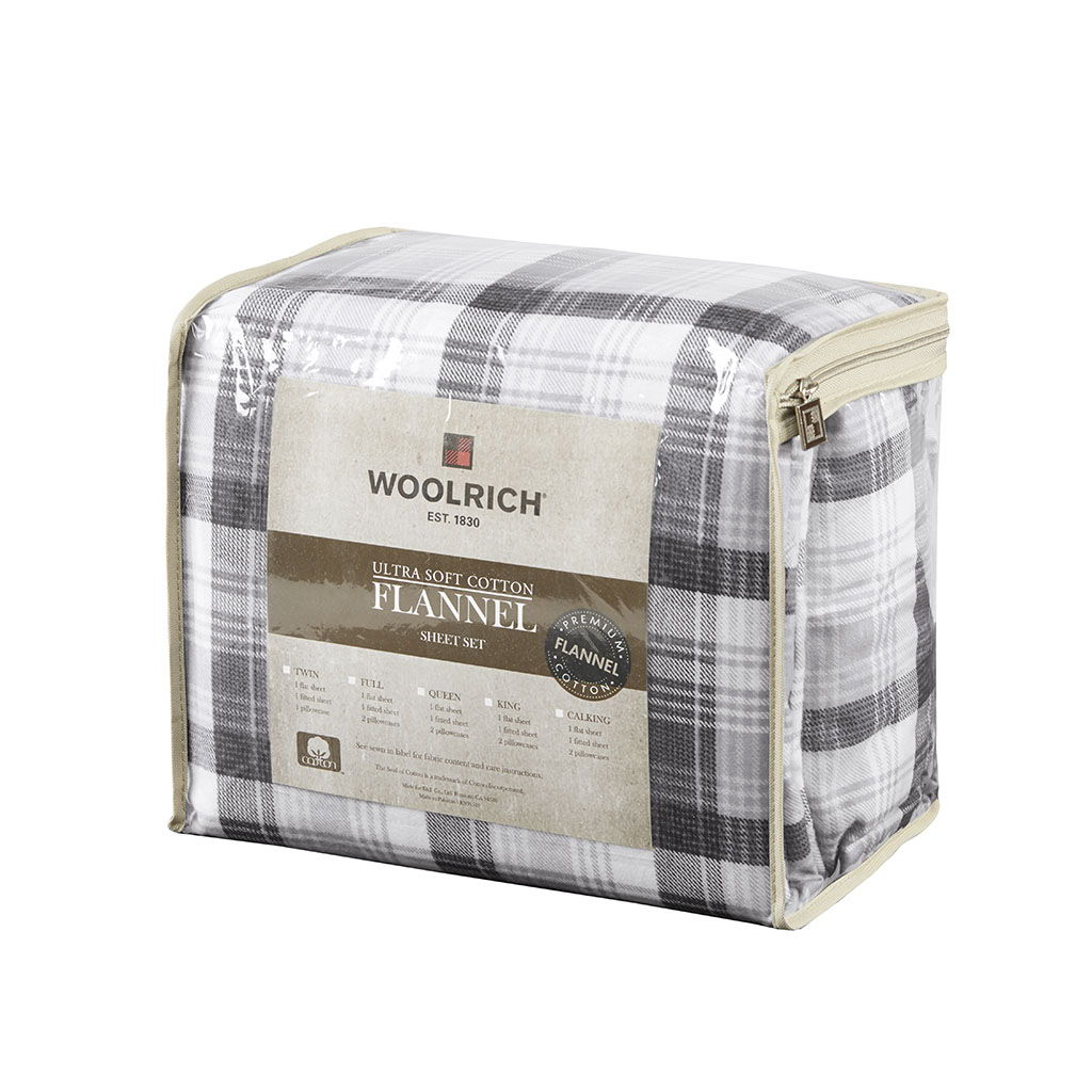 Flannel - Queen Sheet Set Cotton - Gray Plaid
