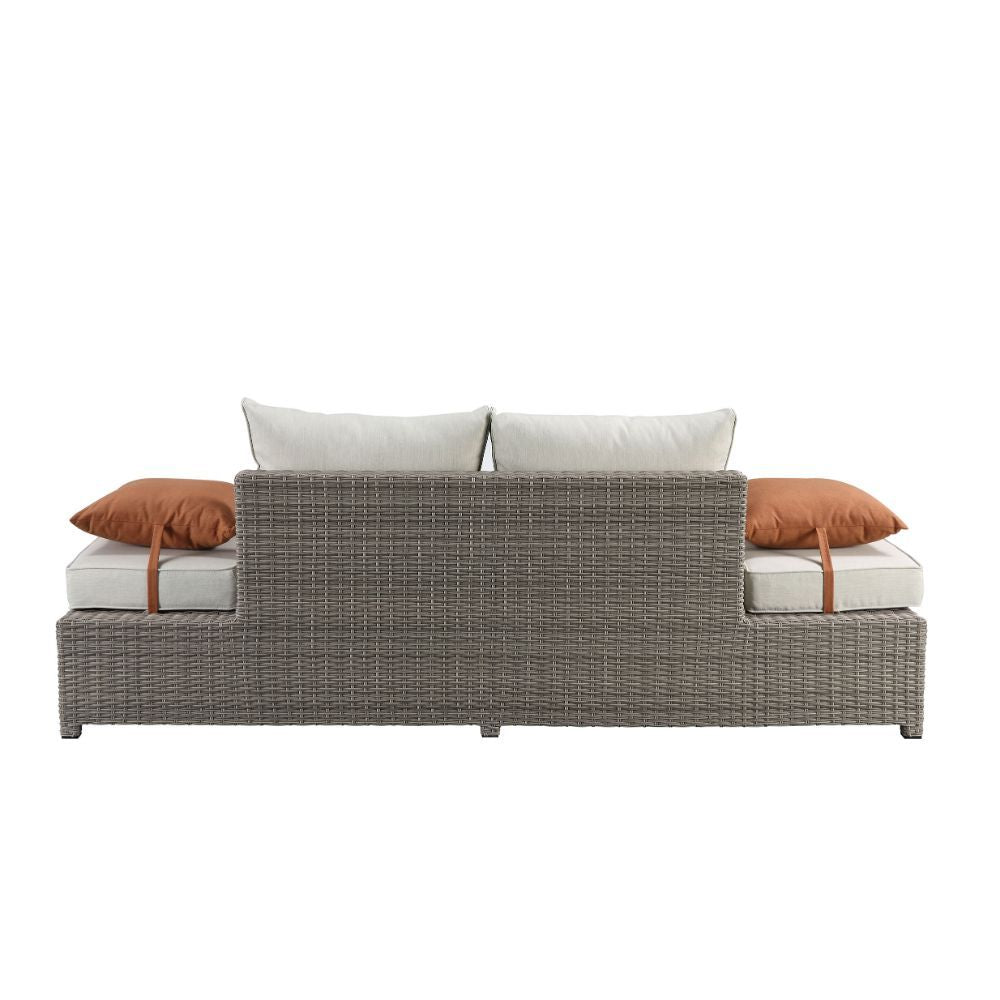 Salena - Patio Sofa With 2 Pillows & Ottoman - Beige Fabric & Gray Wicker