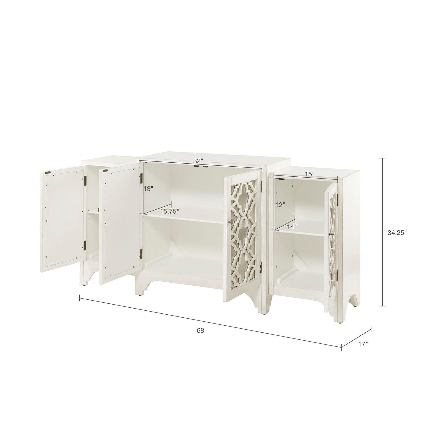 Verona - Dining Buffet Server Quaterfoil Design Kitchen Storage Cabinet With Mirrored Doors - Cream