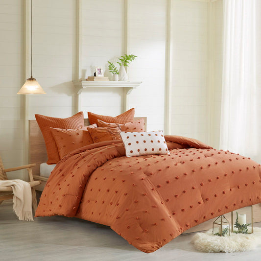 Brooklyn - Cotton Jacquard Queen Comforter Set With Euro Shams and Throw Pillows - Rust