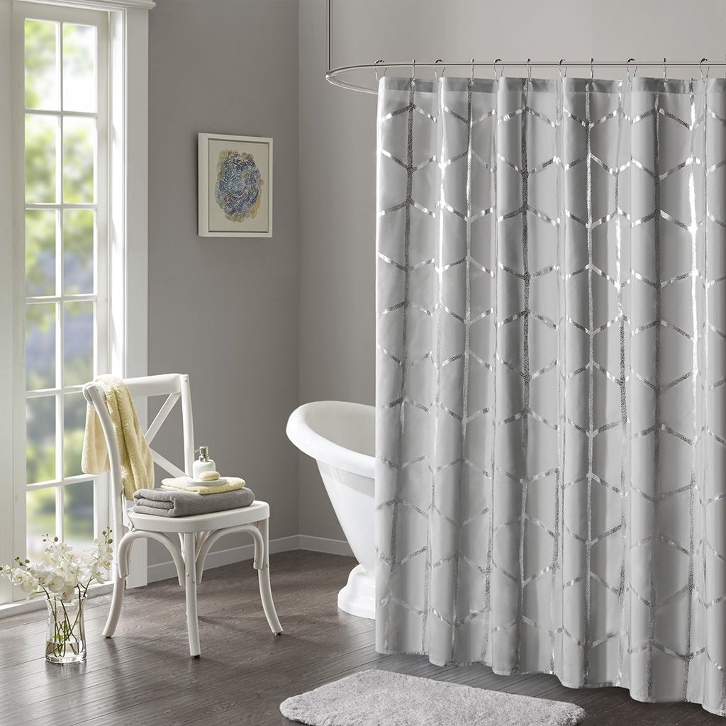 Raina - Printed Metallic Shower Curtain - Gray / Silver