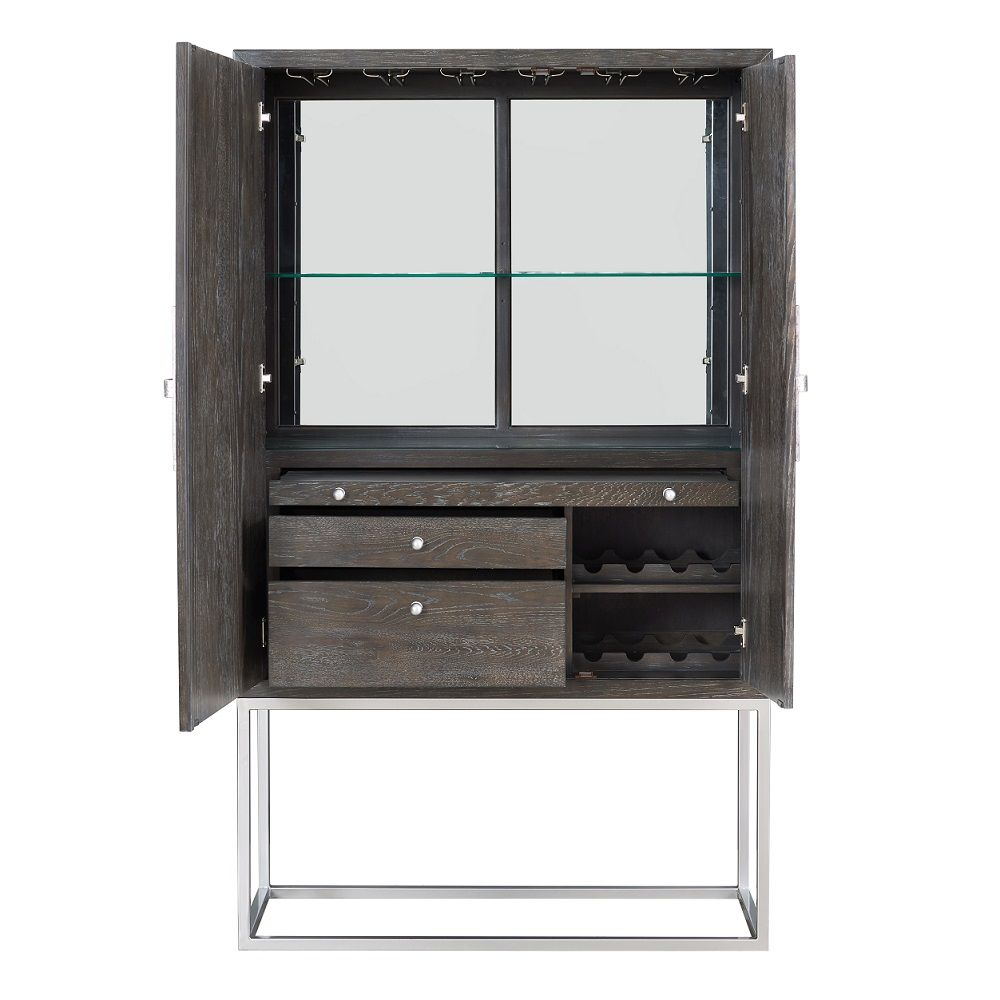 Andra - Bar Cabinet - Hand Brushed Gray Oak & Chrome