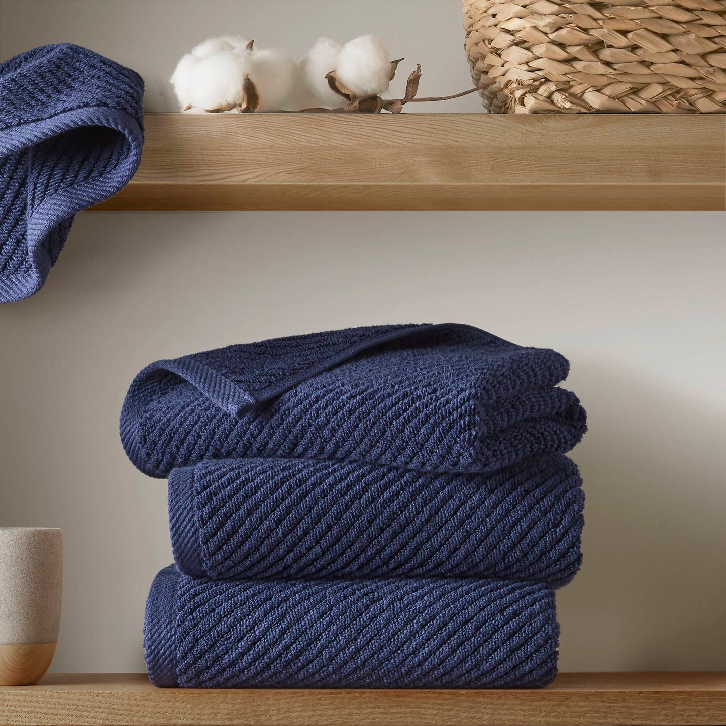 Diagonal Ribbed - 4 Piece Hand Towels Set - Navy