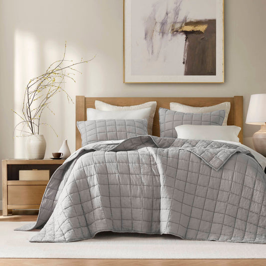 100% Linen - Full/Queen Linen Garment Washed Quilt Set - Gray