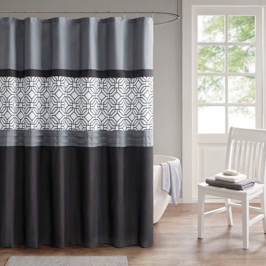 Donnell - Embroidered And Pieced Shower Curtain - Black / Gray