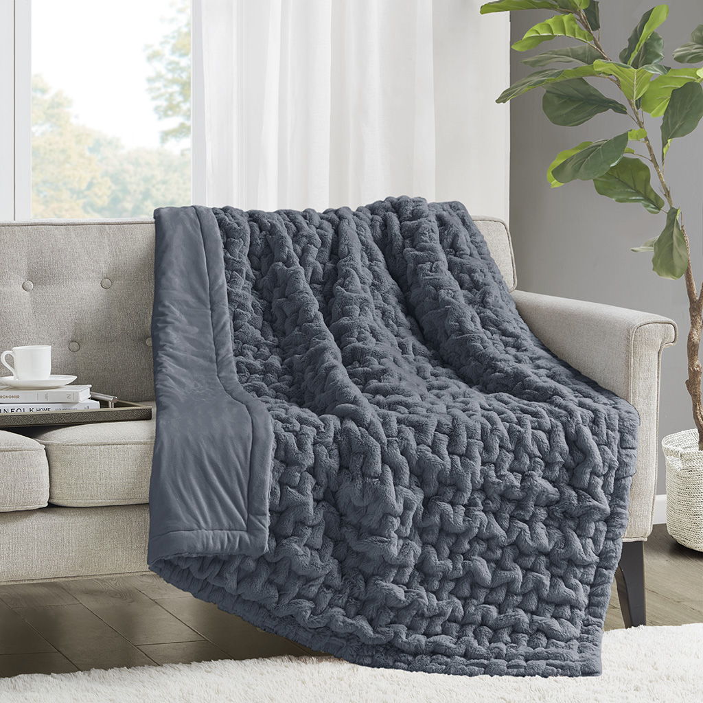 Ruched Fur - Throw - Slate Blue