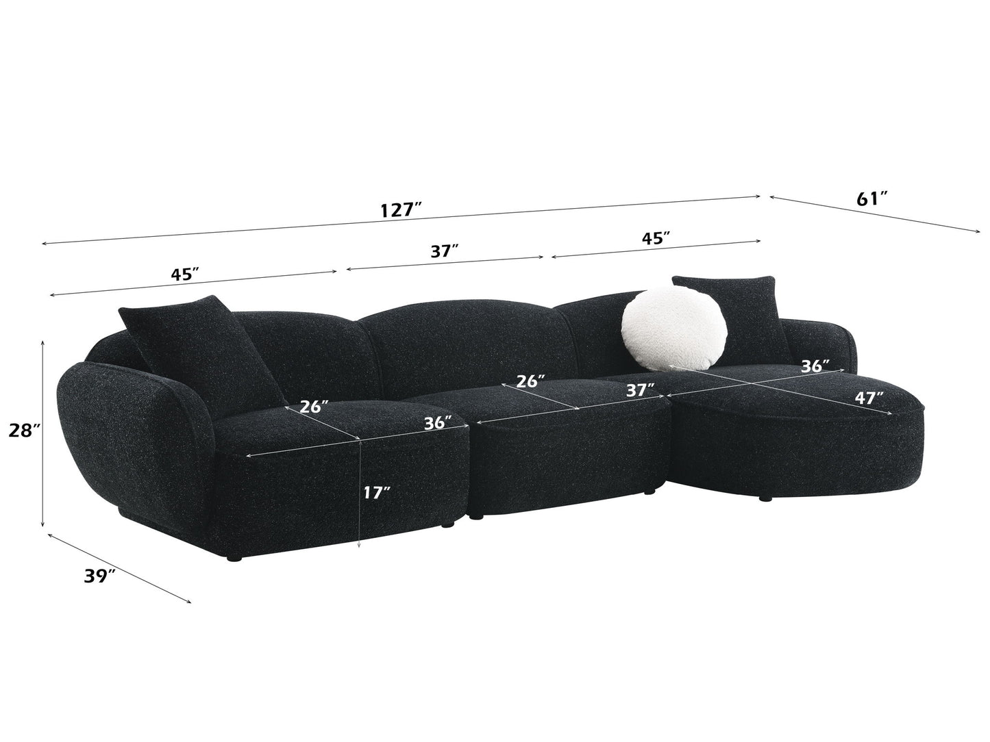 Lucifer - Sectional Sofa With 3 Pillows - Black Shimmer Chenille