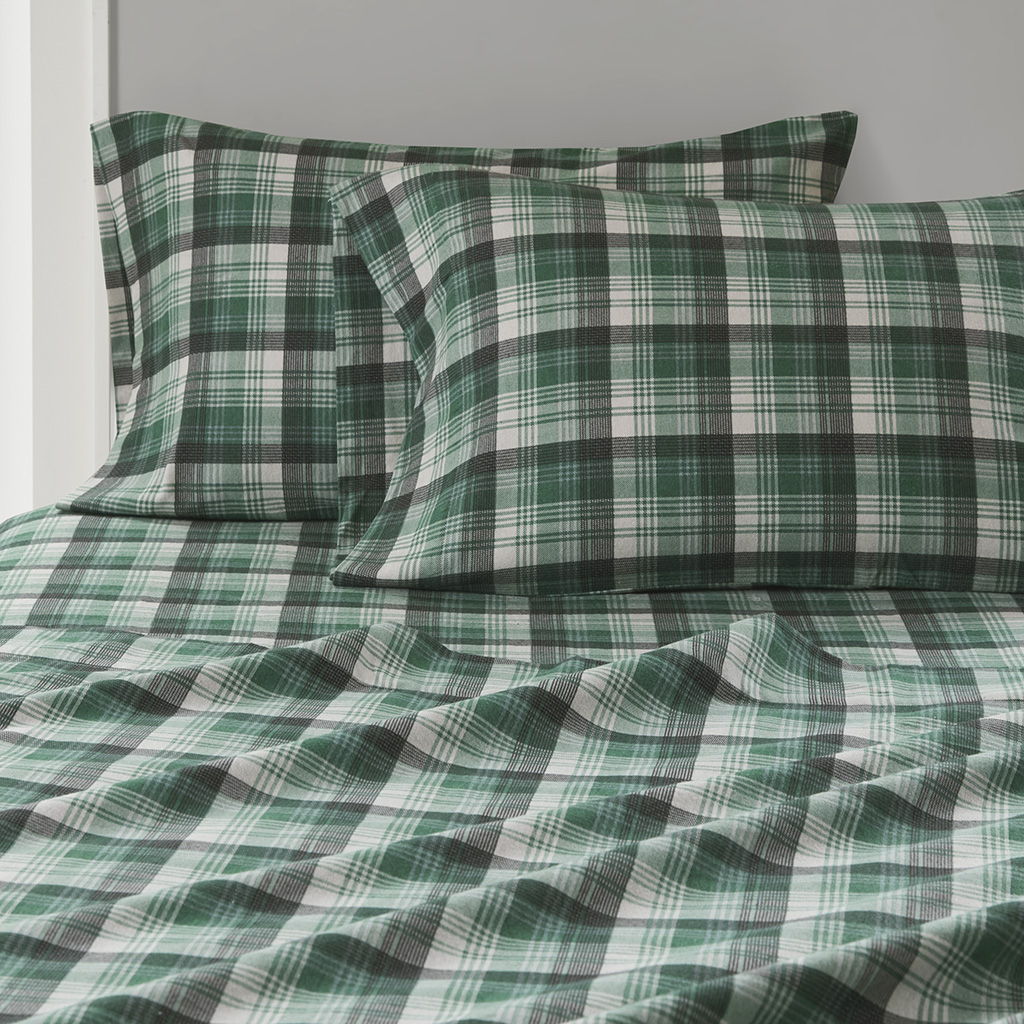 Flannel - 4 Piece Full Sheet Set - Green Plaid