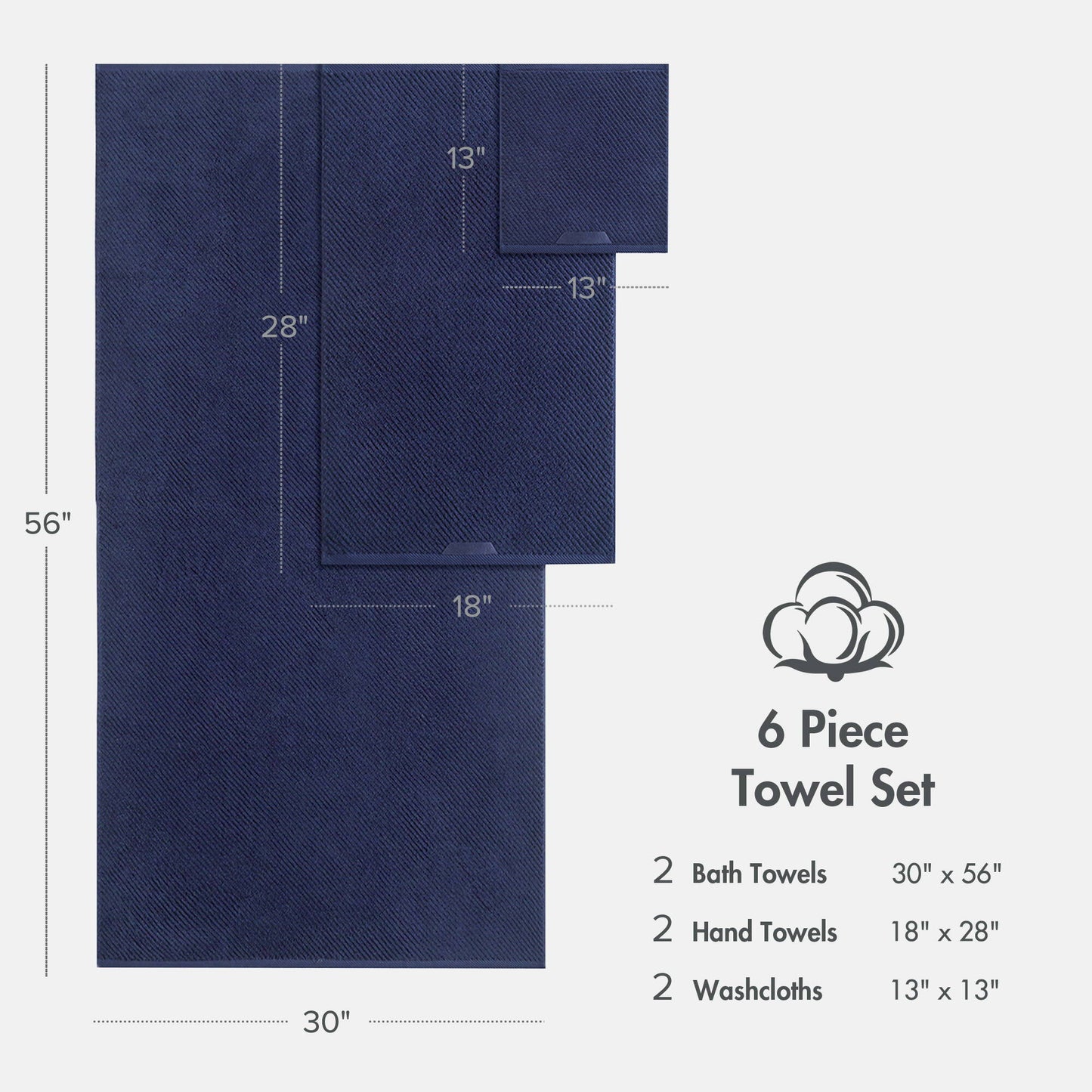 Diagonal Ribbed - 6 Piece Towels Set - Navy