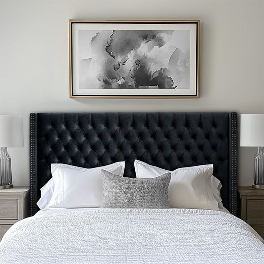 Amelia - Upholstered Velvet Wingback Headboard With Button Tufting & Nailhead Trim - Black