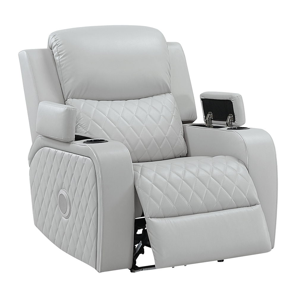 Elonzo - Power Motion Recliner With LED, Power Headrest & Speaker - Light Gray