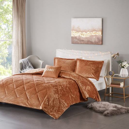 Felicia - Velvet Comforter Set With Throw Pillow - Rust