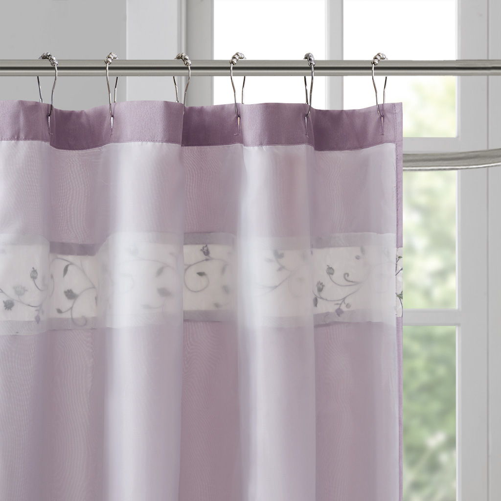 Serene - Embroidered Floral Shower Curtain - Purple