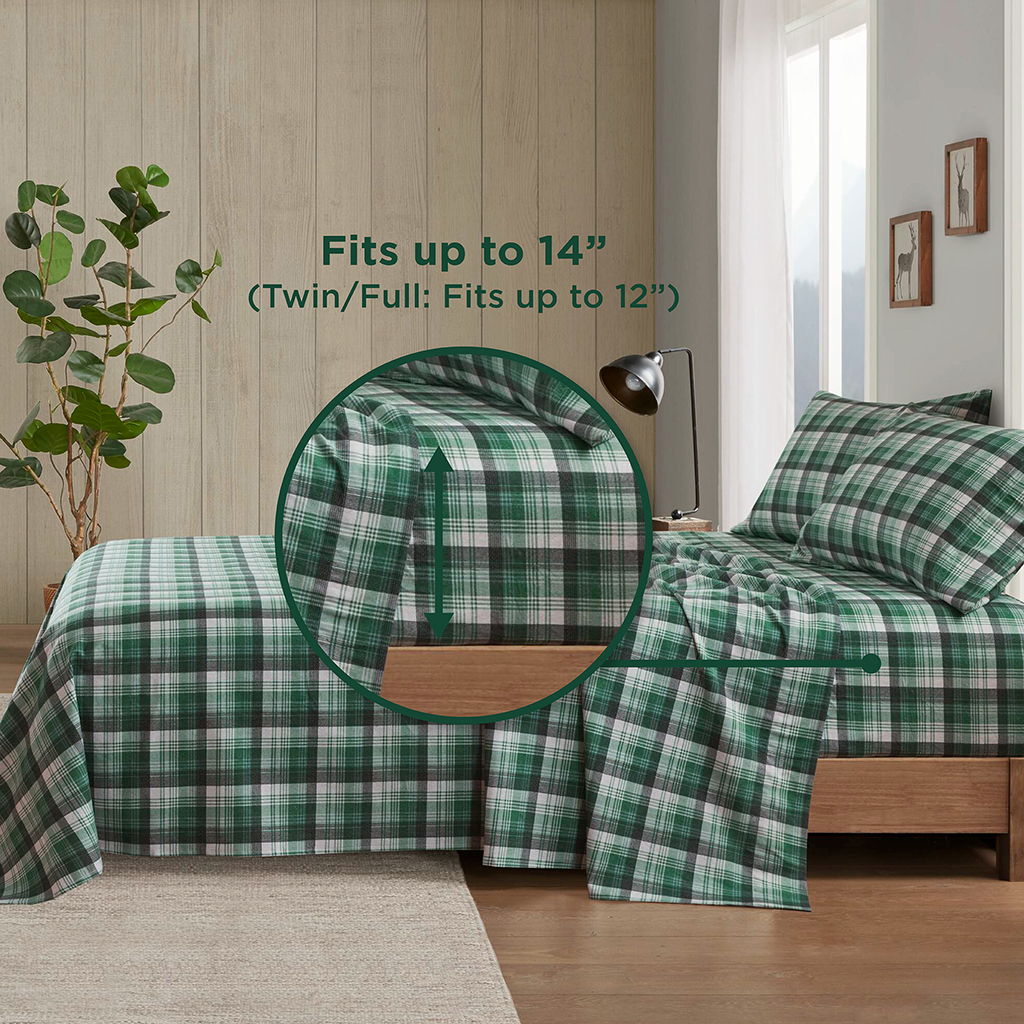 Flannel - 4 Piece Full Sheet Set - Green Plaid