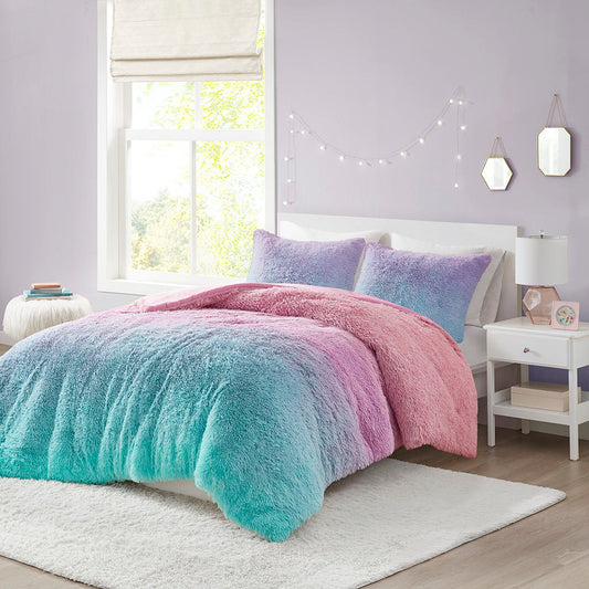 Primrose - Ombre Shaggy Faux Fur Twin Comforter Set - Purple Multi