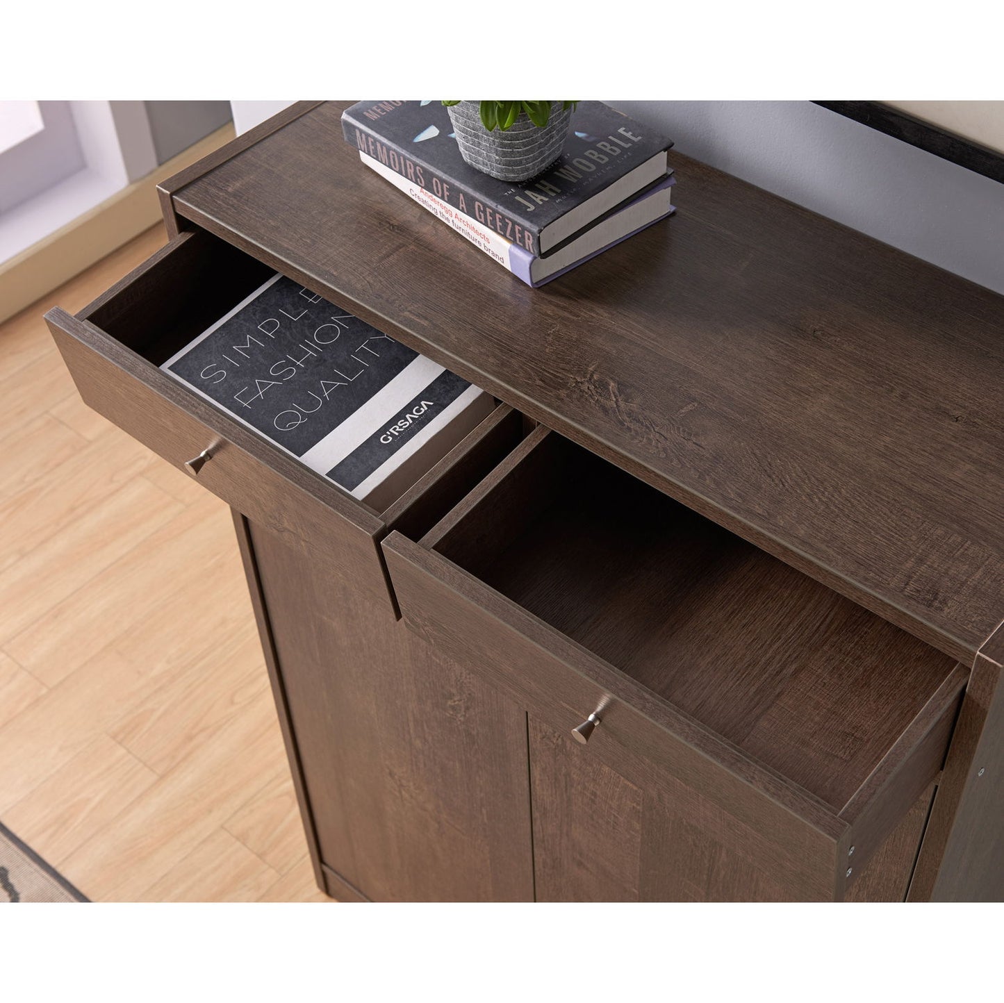 Two Door Shoe Storage Cabinet With Two Top Drawers, Five Shelves Fits 15 Pairs - Walnut Oak