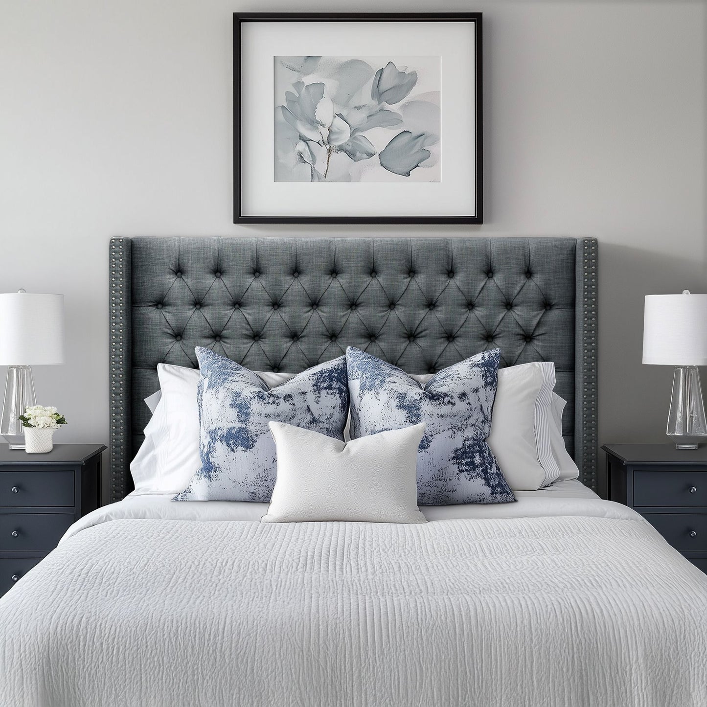 Amelia - Upholstered Wingback Headboard With Button Tufting & Nailhead Trim Woven - Dark Gray