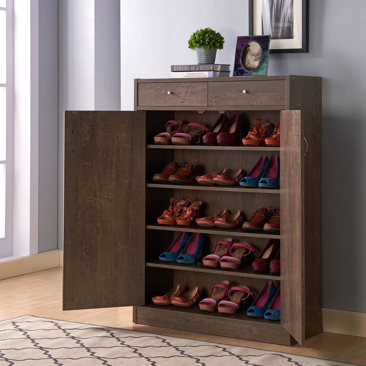 Two Door Shoe Storage Cabinet With Two Top Drawers, Five Shelves Fits 15 Pairs - Walnut Oak