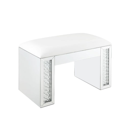 Nysa - Vanity Stool - Ivory Synthetic Leather , Mirrored & Faux Crystals