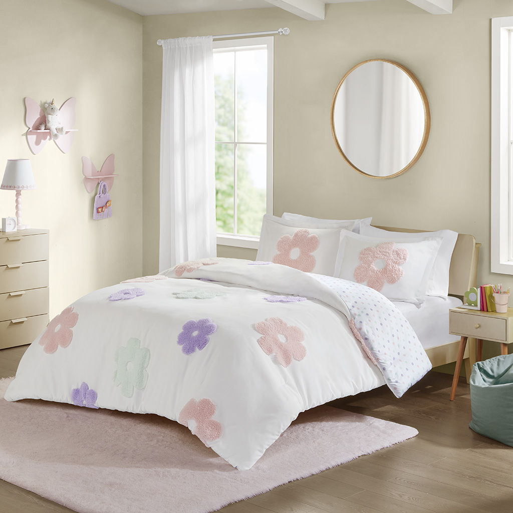 Gracie - Floral Reversible Tufted Chenille Twin Duvet Cover Set - White/Purple