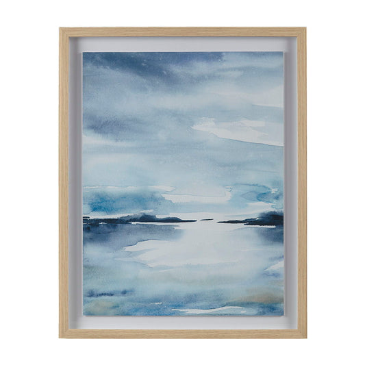 Sparkling Sea - Framed Glass And Single Matted Abstract Landscape Coastal Wall Art - Blue