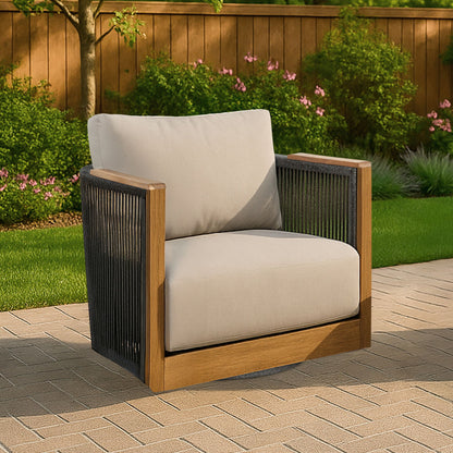 Veranda - Wicker & Wood Swivel Patio Club Chair With Cushions - Natural / Gray / Brown