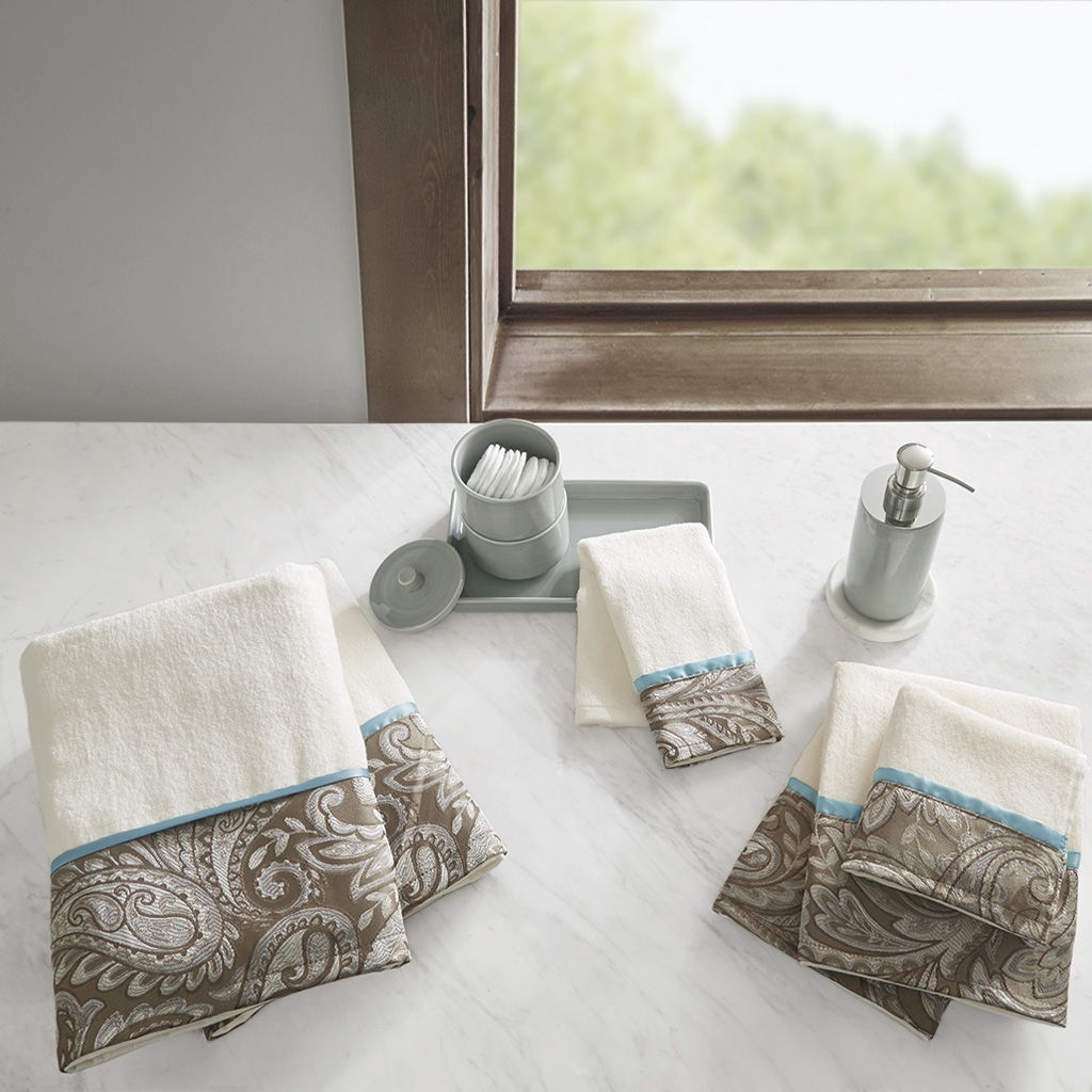 Aubrey - 6 Piece Jacquard Towel Set - Blue / Brown