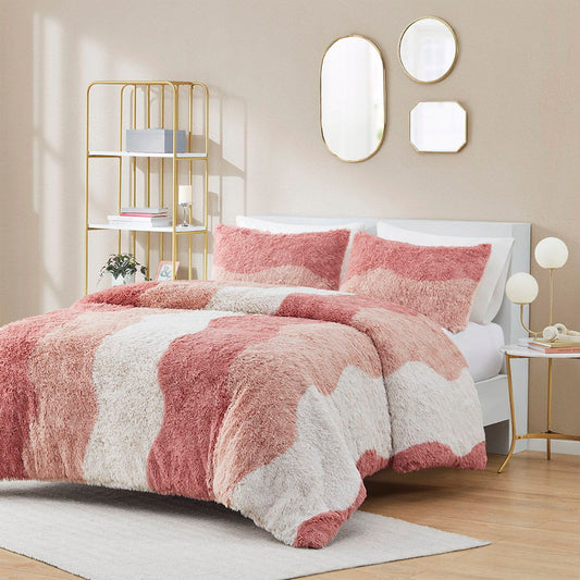 Cassie - Ombre Shaggy Faux Fur Comforter Set - Blush Multi