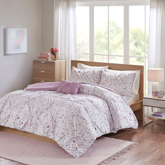 Abby - Metallic Printed and Pintucked Duvet Cover Set - Plum