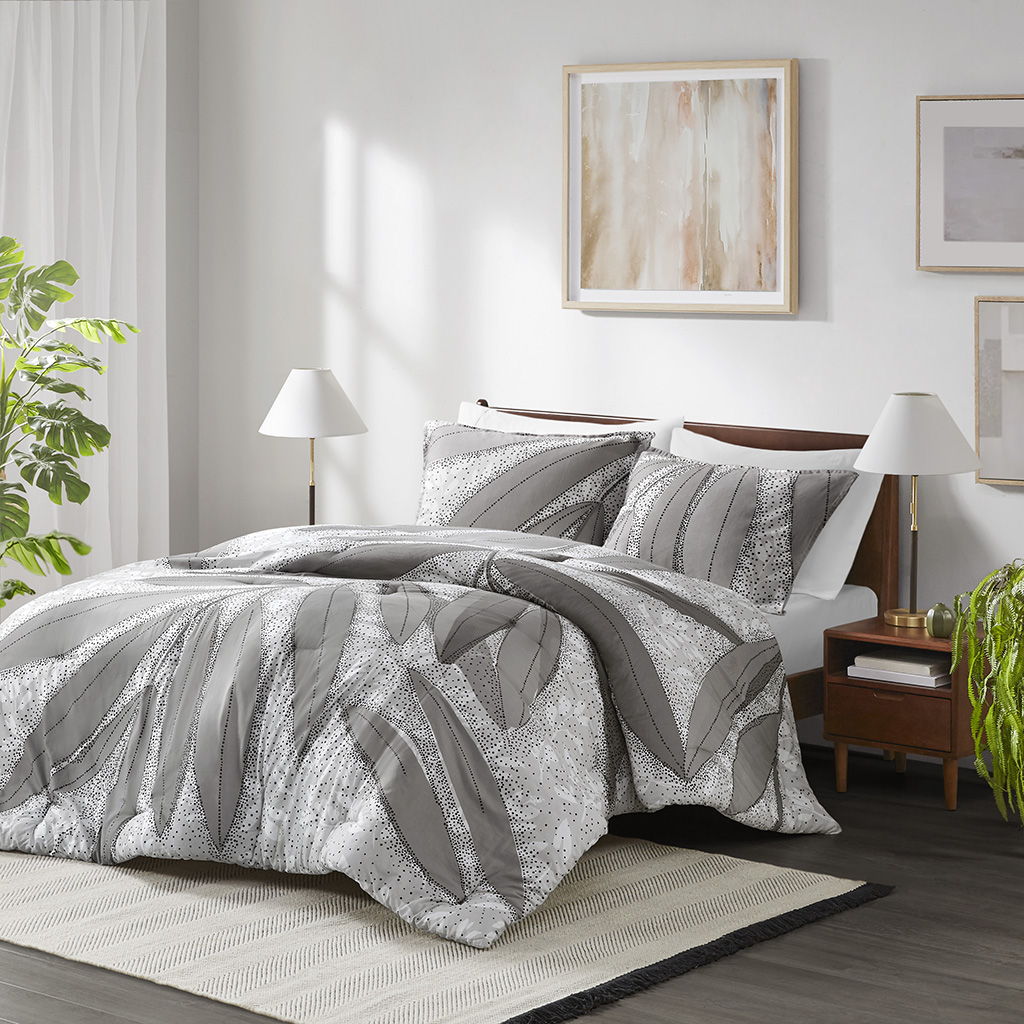 Adrian - Botanical Cotton Queen Comforter Set - Gray