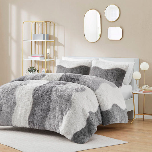 Cassie - Ombre Shaggy Faux Fur Comforter Set - Gray/White