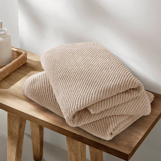Diagonal Ribbed - 4 Piece Bath Towels Set - Beige