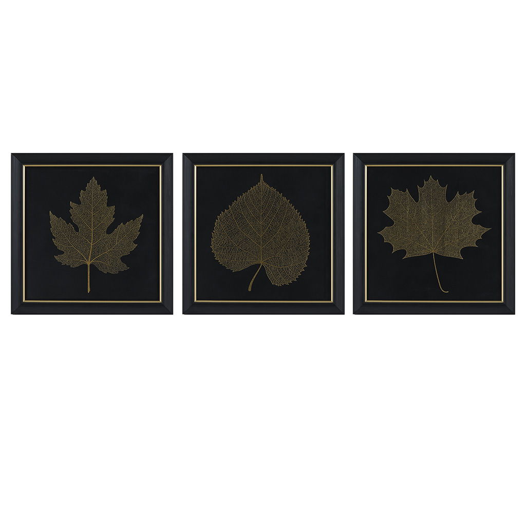 Gilded Trio - Gold Metallic Leaf Square Framed Graphic Wall Decor (Set of 3) - Black / Gold