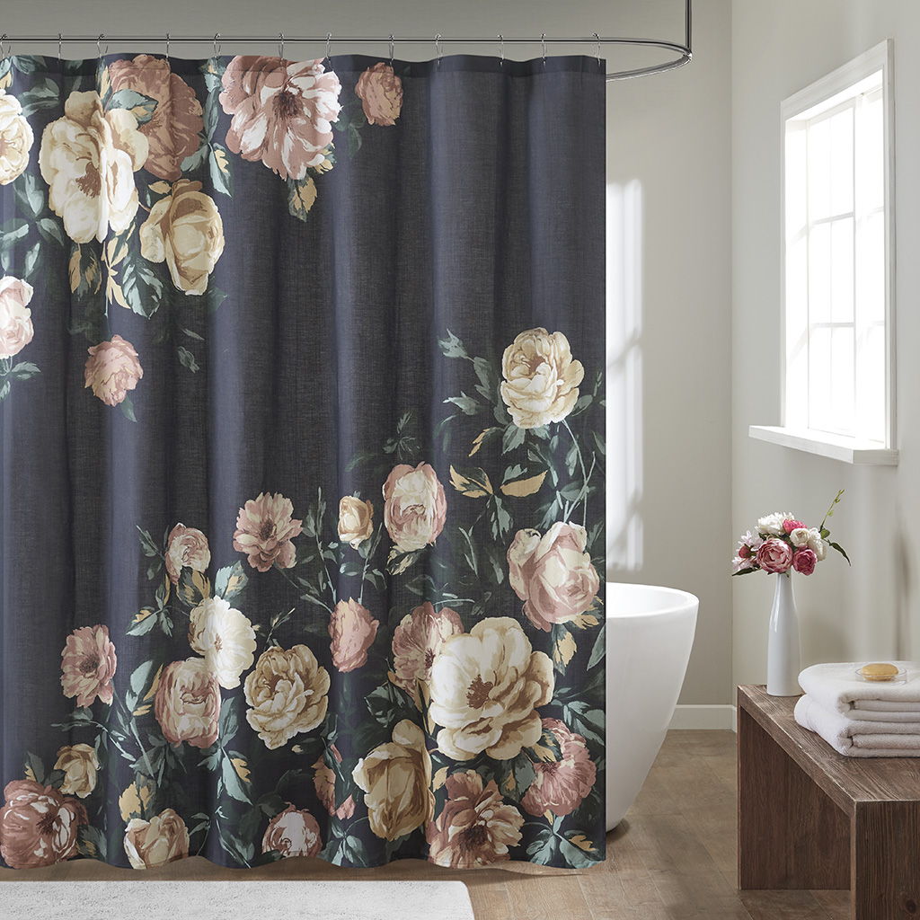 Charisma - Floral Printed Shower Curtain - Navy