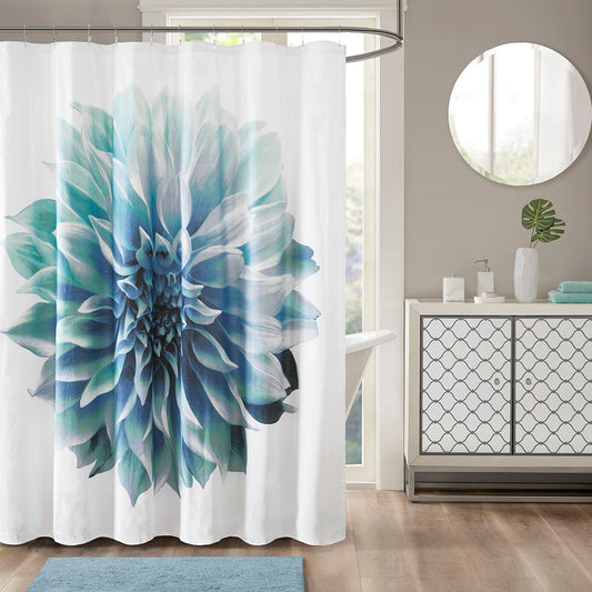 Norah - Printed Floral Shower Curtain - Aqua