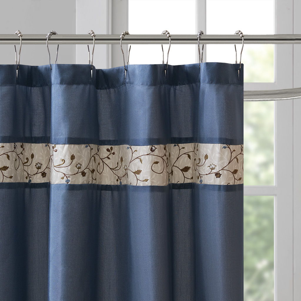 Serene - Embroidered Floral Shower Curtain - Navy