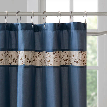 Serene - Embroidered Floral Shower Curtain - Navy