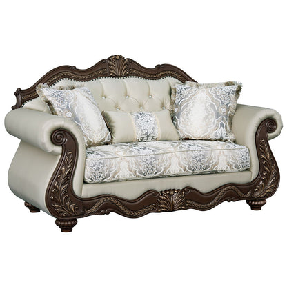 Pierce - Loveseat With 3 Pillows - Beige Fabric & Cherry Finish