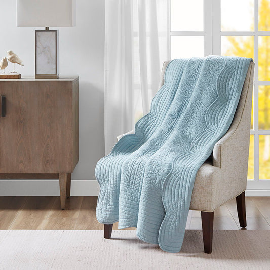 Tuscany - Oversized Quilted Throw With Scalloped Edges - Blue