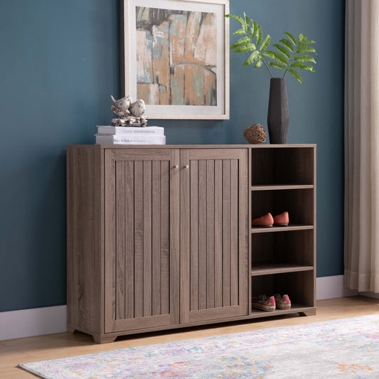 Entryway 4-Tier Organizing Storage Cabinet, Double Door Wooden Shoe Cabinet - Dark Taupe