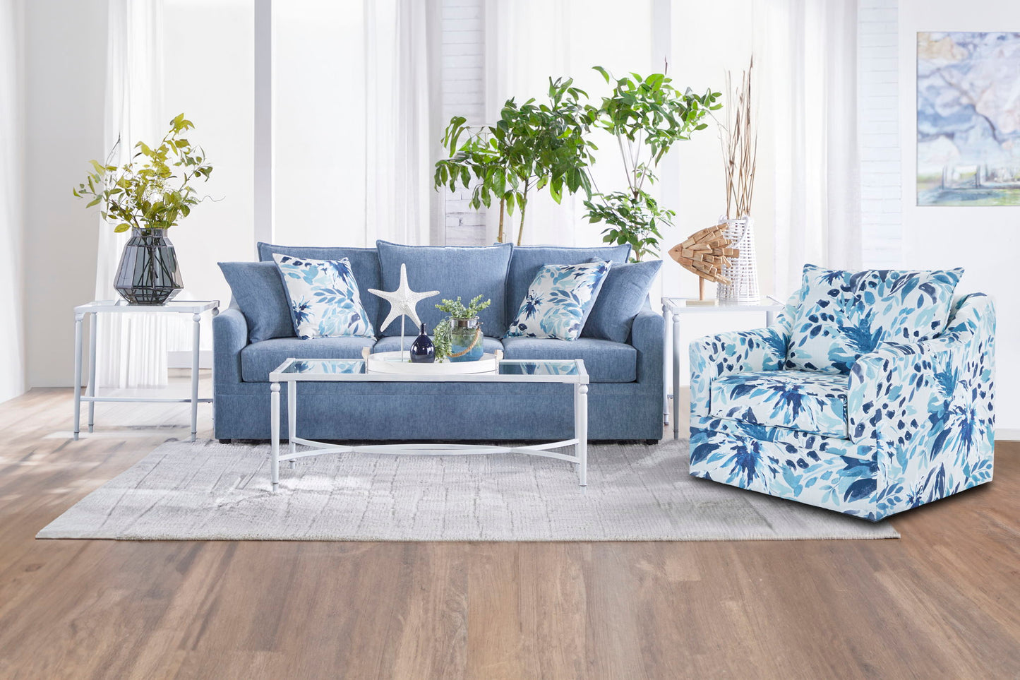 Sylvie - 2 Piece Living Room Set (Sofa & Swivel Chair) - Blue And White Print
