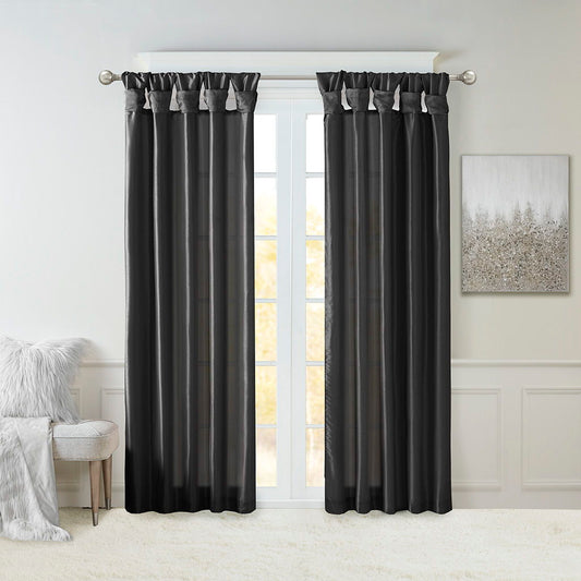 Emilia - Faux Silk Twist Tab Lined Window Curtain Panel - Black