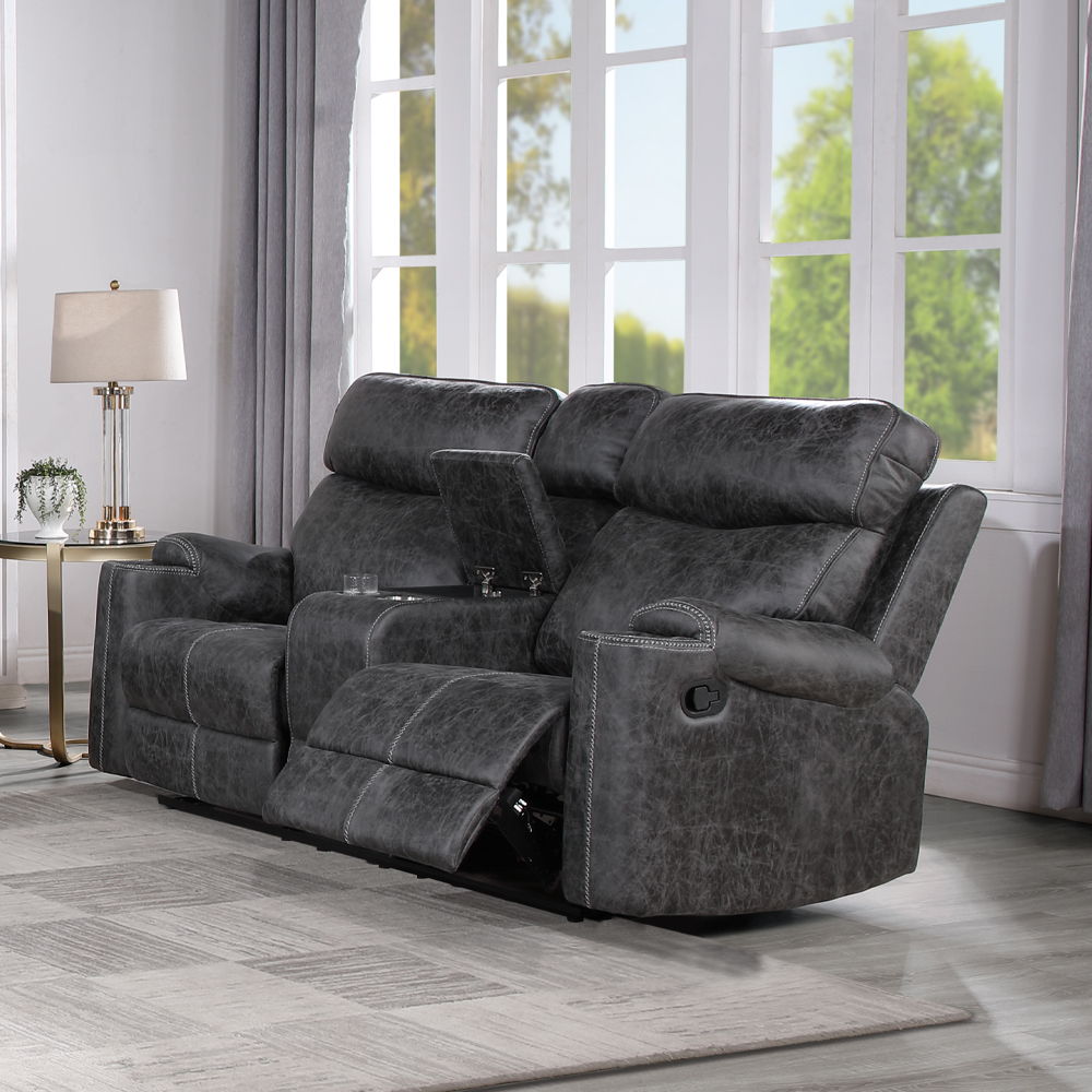 Hirah - Motion Loveseat With Console & USB Port - Dark Gray Polish Microfiber