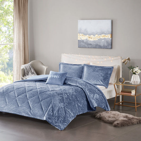 Felicia - Velvet Duvet Cover Set With Throw Pillow - Blue