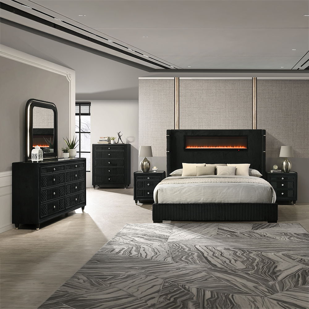 Garner - Bed With Fireplace, LED, Reading Light, Speaker, Bluetooth & USB