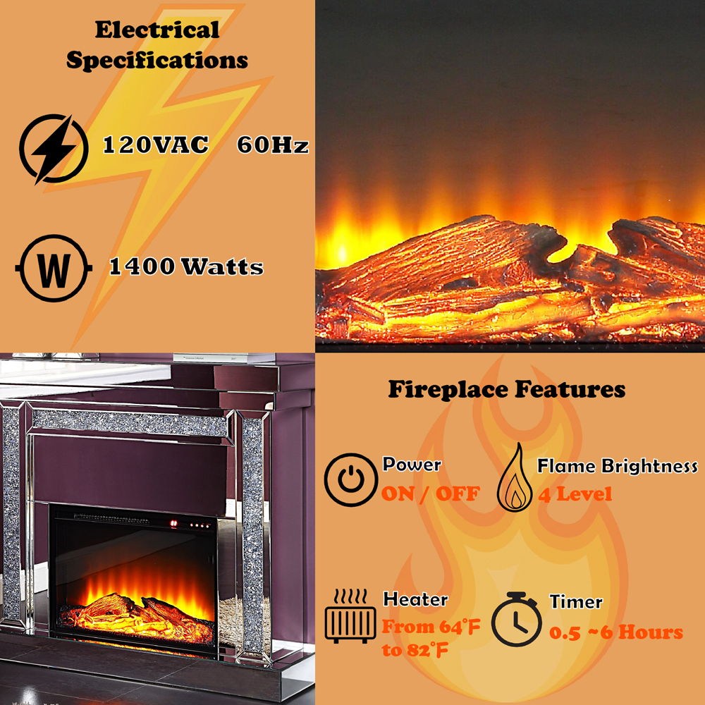 Noralie - 42" Fireplace - Mirrored & Faux Diamonds