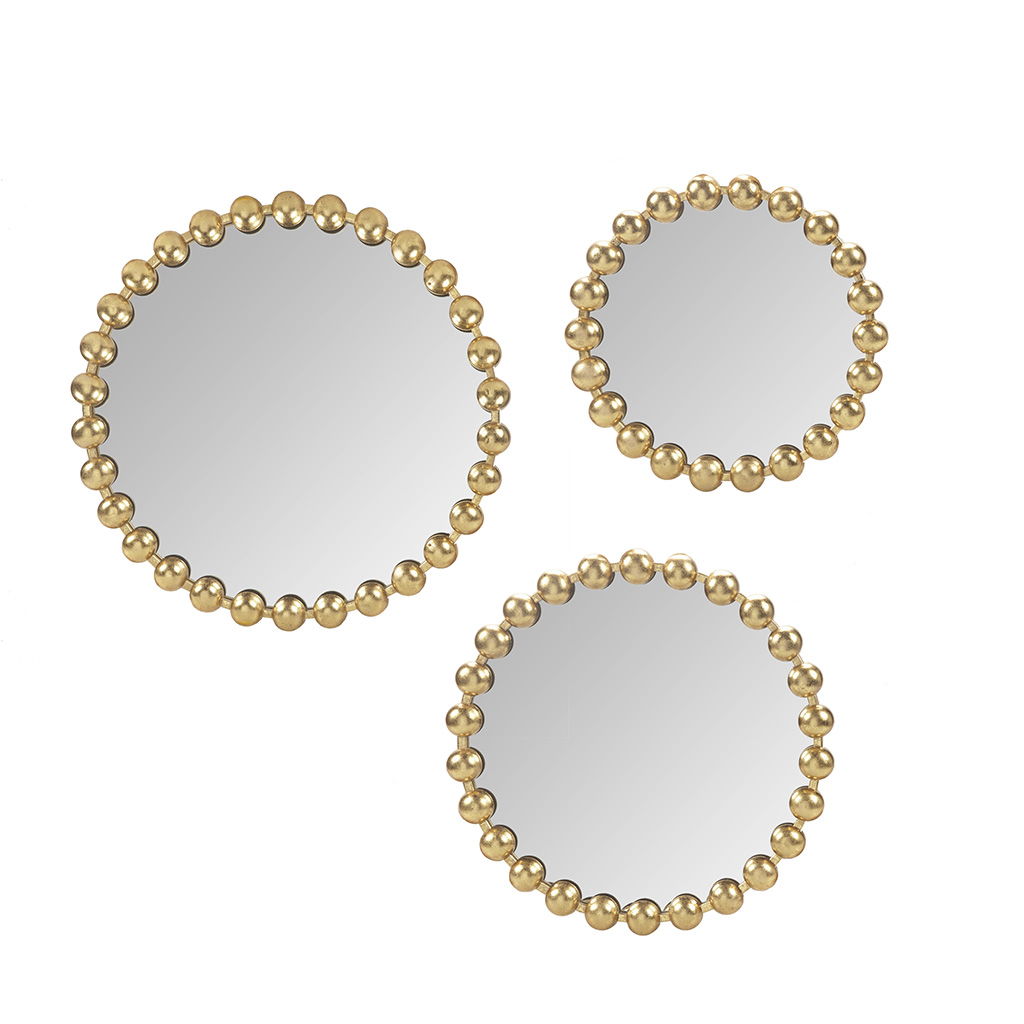 Marlowe - Gold Beaded Round Wall Mirror 3 Piece Set - Gold